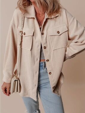 Cream Ribbed Shacket Jacket - Women's Lightweight Button-Up